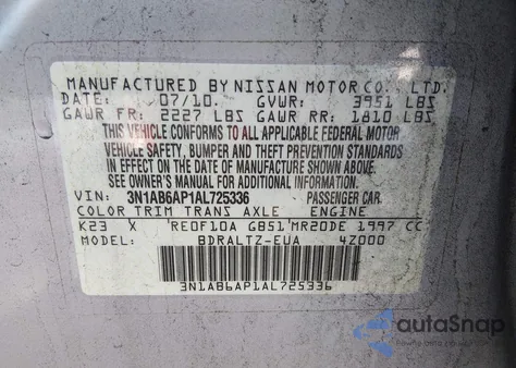 2010 Nissan Sentra 2.0Sr из США, поврежденный, VIN 3N1AB6AP1AL725336